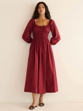 Doen Quintessa smocked cotton poplin midi dress in Deep Crimson red